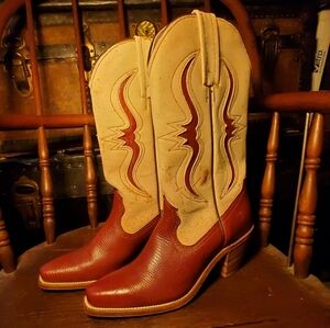Women's FRYE Western Cowboy Boots - Burgandy & Cream